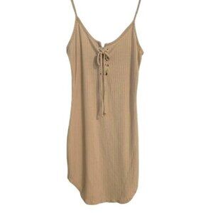 Love Republic M Beige Ribbed Spaghetti Strap Mini Dress W/ Lace-Up Front Detail